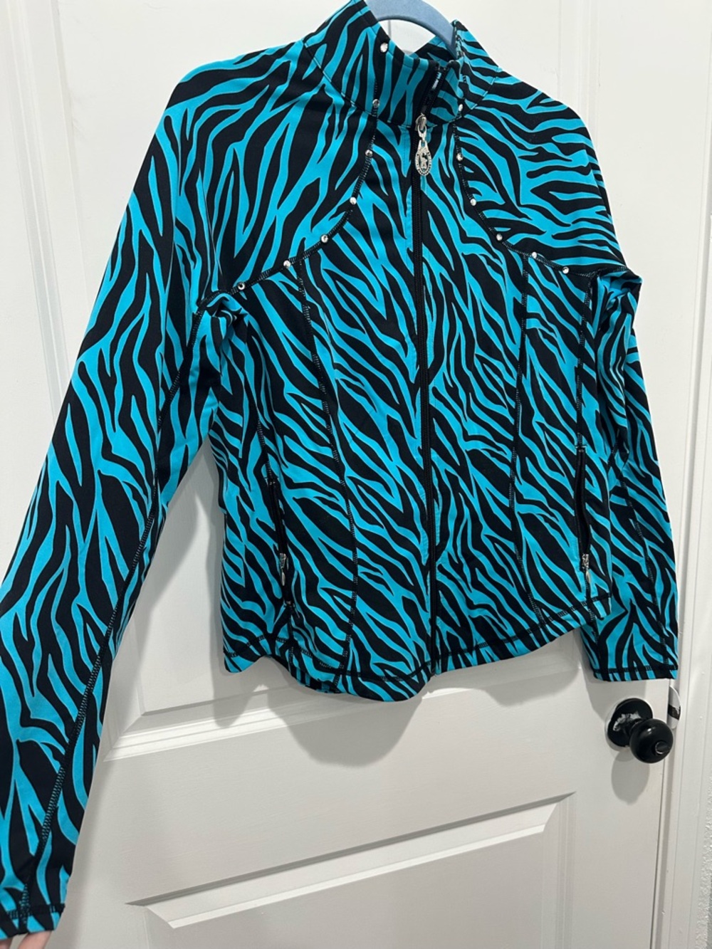 Christine Alexander Turquoise and Black Zebra Print Athletic Jacket